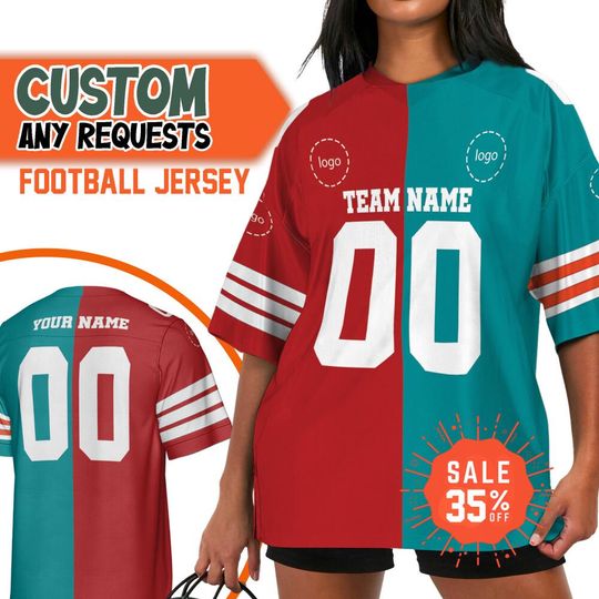 Personalized Any Two Team American Football Jersey Red And Aqua Blue, Split Half Jersey, Custom Logo V-neck Short Sleeve Jersey