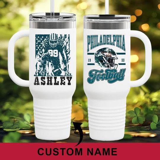 Personalized Fly Eagles Football 40oz Glass Tumbler With Handle and Straw, Philadelphia Football Mug, Philadelphia Football Lover Gifts