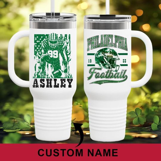 Personalized Philadelphia Football 40oz Glass Tumbler With Handle and Straw,  Philly Eagles Champions Mug, Philadelphia Football Lover Gifts