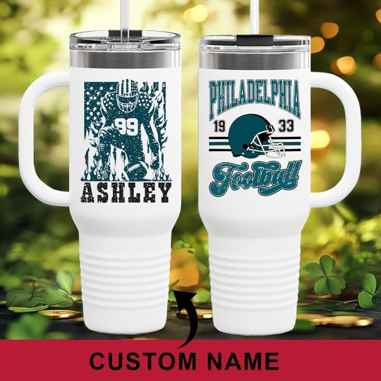 Personalized Philadelphia Football 40oz Glass Tumbler With Handle and Straw, Philadelphia Football Mug, Philadelphia Football Lover Gifts