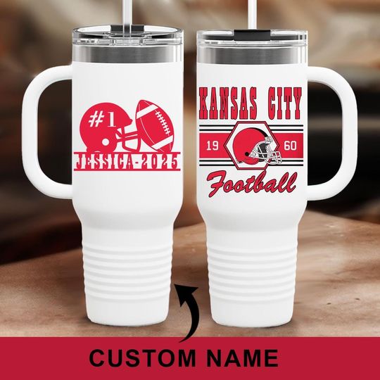 Personalized Vintage Kansas City Football 40oz Glass Tumbler With Handle and Straw, Chief Football Fan Mug, Kansas City Football Lover Gifts