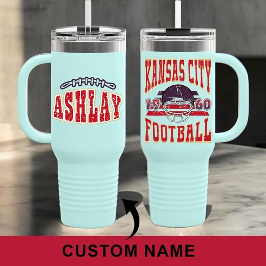 Personalized Vintage Kansas City Football 40oz Glass Tumbler With Handle and Straw, Kansas City Champions, Kansas City Football Lover Gifts