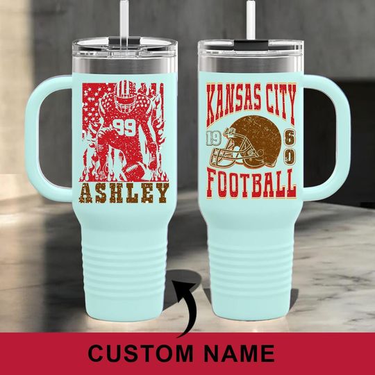 Personalized Vintage Kansas City Football 40oz Glass Tumbler With Handle and Straw, Kansas City Champions, Kansas City Football Lover Gifts
