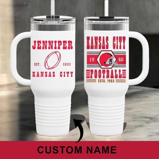 Personalized Vintage Kansas City Football 40oz Glass Tumbler With Handle and Straw, Chief Football Fan Mug, Kansas City Football Lover Gifts