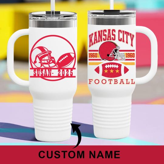 Personalized Vintage Kansas City Football 40oz Glass Tumbler With Handle and Straw, Kansas City Football Lover Gifts, Chief Football Fan Mug