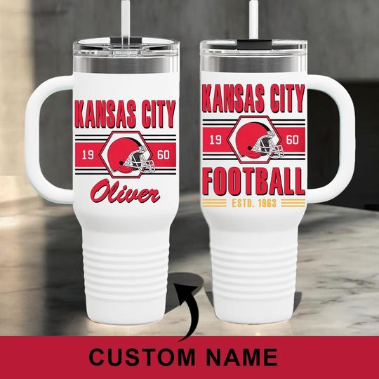 Personalized Vintage Kansas City Football 40oz Glass Tumbler With Handle and Straw, Kansas City Football Lover Gifts, Chief Football Fan Mug