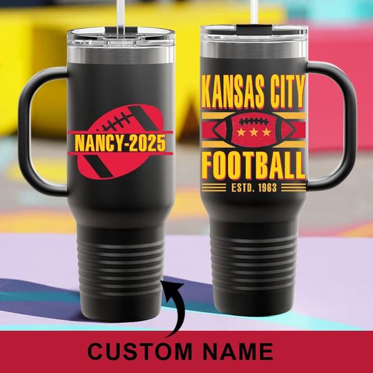 Personalized Vintage Kansas City Football 40oz Glass Tumbler With Handle and Straw, Kansas City Football Lover Gifts, Chief Football Fan Mug