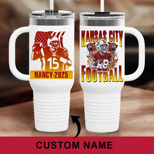 Personalized Vintage Kansas City Football 40oz Glass Tumbler With Handle and Straw, Kansas City Football Lover Gifts, Chief Football Fan Mug