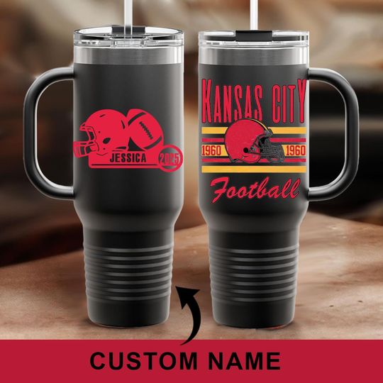 Personalized Vintage Kansas City Football 40oz Glass Tumbler With Handle and Straw, Kansas City Football Lover Gifts, Chief Football Fan Mug