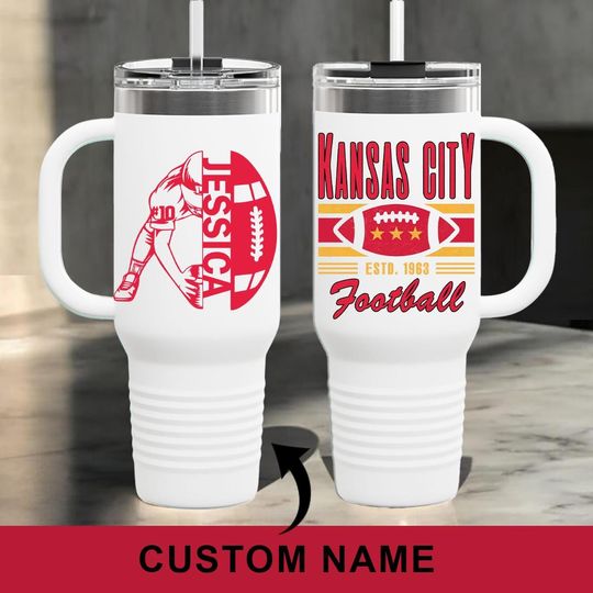 Personalized Vintage Kansas City Football 40oz Glass Tumbler With Handle and Straw, Kansas City Football Lover Gifts, Chief Football Fan Mug