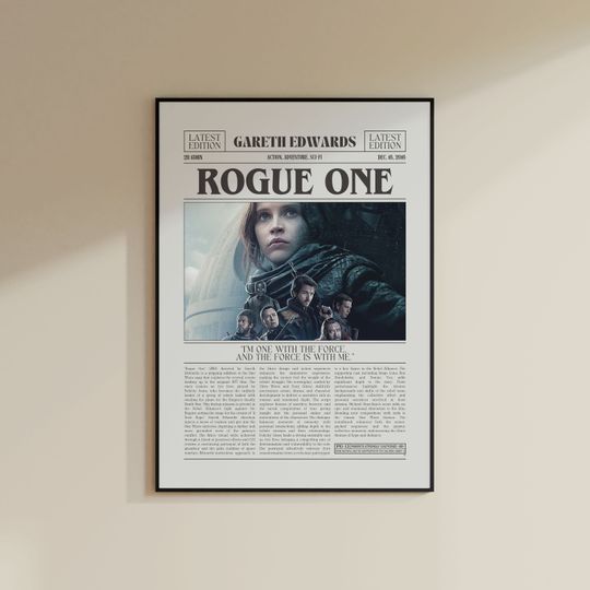 Star Wars Rogue One , Gareth Edwards , Retro Newspaper Movie Poster, Black White Wall Art, Vintage Retro Art Print