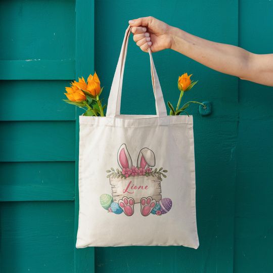 Custom Name Canvas Bag for Egg Hunts, Hop Into Easter Basket Tote Bag, Personalized Bunny Tote Bag, Spring Gifts, Festive Fun for Kid & Moms