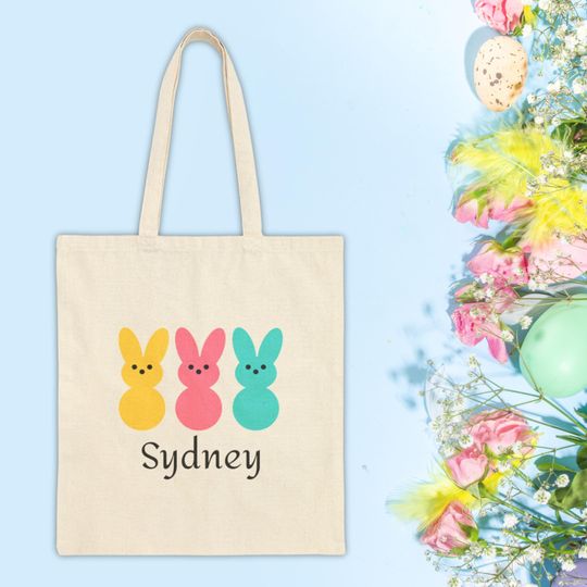 Personalized Bunny Tote Bag Easter Gift Eco-Friendly Shopping Custom Tote For Kids Spring Decor Basket Books Marshmallow Rabbit Unique Cute