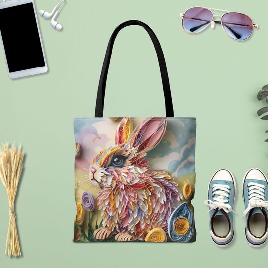 Easter Bunny Tote Bag,Quilled Spring Rabbit Art,Floral Easter Gift Bag,Reusable Shopping Tote,Cute Bunny Market Bag,Pastel Spring Aesthetic