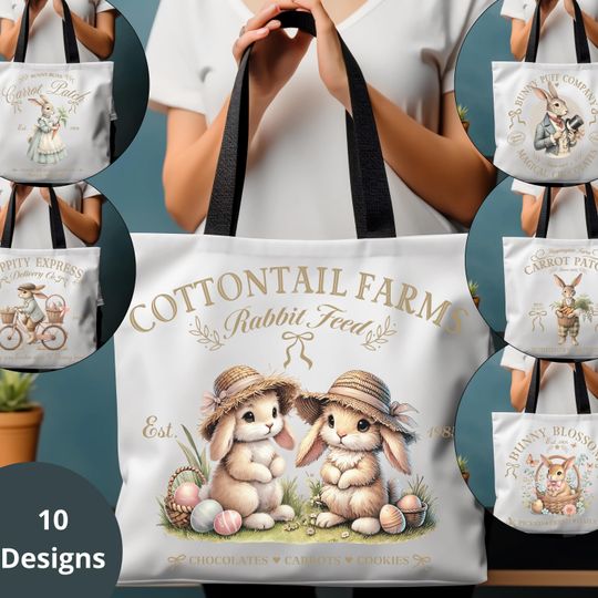 Vintage Farmhouse Bunny Tote Bag, Easter Gift, Cute Rabbit Carrot Bag, Spring Decor, Farm Theme Bag, Cottontail Farms