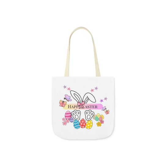 Easter Bunny Canvas Tote Bag, Easter Egg Hunt Bag, Spring Shopping Bag, Bunny Lover Gift, Holiday Tote, Colorful Straps, Cute Bunny Design