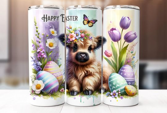 Easter Highland Cow Tumbler Wrap, 20oz Skinny Tumbler    , Easter Highland Cow Sublimation Design