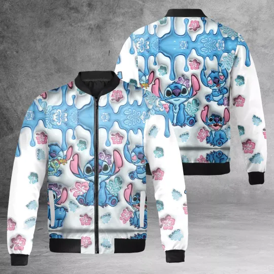 Stitch Ohana Means Family Hibiscus Flower Inflated Effect Jacket