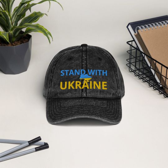 I Stand with Ukraine Cotton Twill Cap, Anti Putin Embroidered Hat, Ukrainian Flag Trident Cap, Support Ukraine Hat