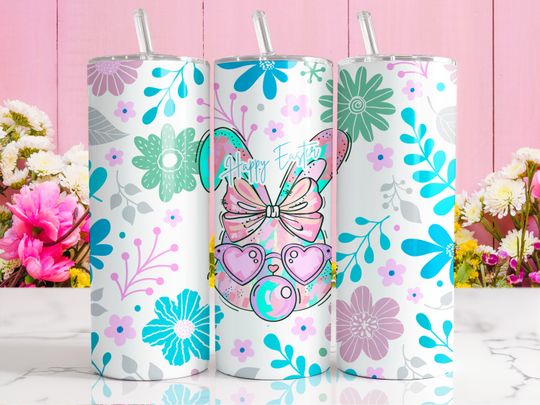 Retro Easter Bunny blowing Bubble 20oz Skinny Sublimation Tumbler Design, Bunny  , Easter Sublimation Design, Floral Easter Tumbler Wrap