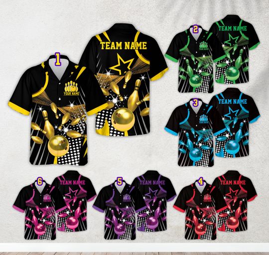 Personalized Name Starburst & Dot Pattern Bowling Hawaiian Shirt, Custom Color Bowling League Button Up Shirt, Bowling Team Shirt For Bowler