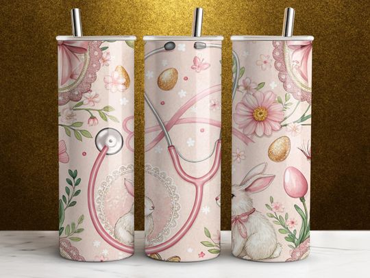 Easter Nurse Tumbler Wrap 20oz Skinny Sublimation Coquette Design Medical Stethoscope toile de Jouy  Straight Tapered