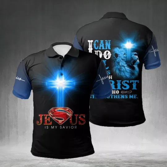 Jesus Is My Savior Blue Color Jesus Christian AOP Polo Shirt