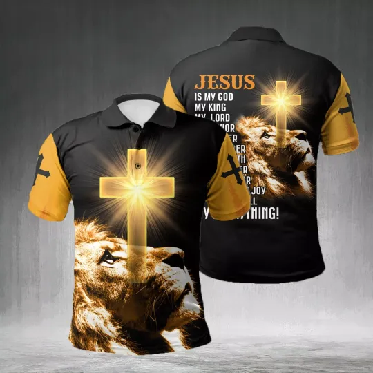 Jesus Is My God My King Lion Cross Christian All Over Printed Polo Shirt