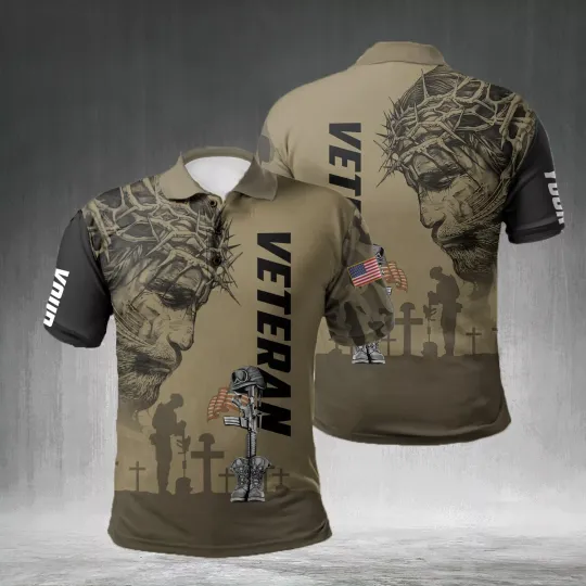 American Veteran Jesus Christian All Over Printed Polo Shirt