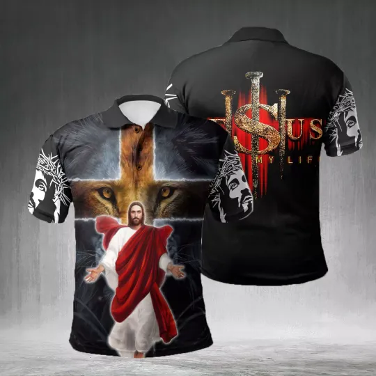 Jesus Saved My Life Lion Cross Christian All Over Printed Polo Shirt