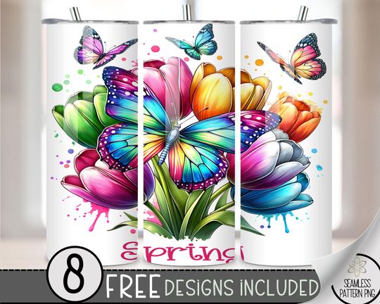 Spring 20 oz Skinny Tumbler Sublimation Design , Easter Tumbler Wrap, Cute Spring Art with Tulips & Butterflies, A98