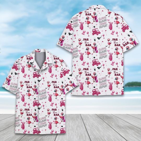 Flamingo Golf Hawaiian Shirt Men Women Youth, Fun Swing Swear Drink Flamingo Shirt, Summer Party Button-Up Short Sleeve, Golf Lovers Gifts