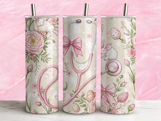 Coquette Bow Easter Nurse Tumbler Wrap 20oz Skinny Sublimation Design Floral Stethoscope Spring Pastel  Straight Tapered