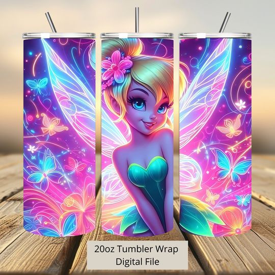 3D Tinkerbell Neon Colorful Tumbler Wrap, Princess Tumbler Wrap Sublimation Design  , 20oz Skinny Straight & Tapered Fairy Tumbler Wrap