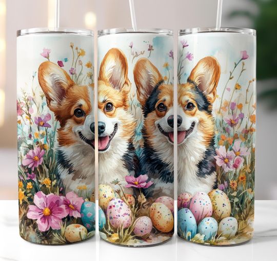 Corgi Easter Tumbler Wrap, 20oz Skinny Tumbler  Sublimation Design, Easter Eggs Corgi Dog Mom Floral Tumbler Design