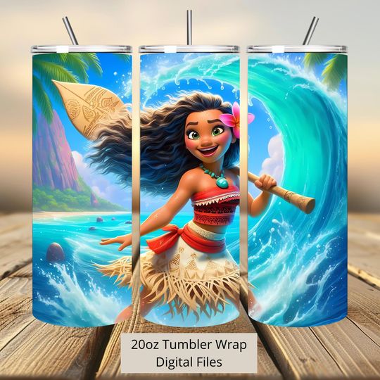 3D Cute Moana Splash Water Tumbler Wrap, Princess Tumbler Wrap Sublimation Design  , 20oz Skinny Straight & Tapered Moana Tumbler Wrap