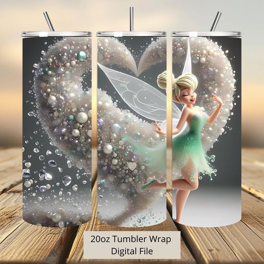 3D Heart Tinkerbell Tumbler Wrap, Princess Tumbler Wrap Sublimation Design  , 20oz Skinny Straight & Tapered Love Tinkerbell Tumbler Wrap