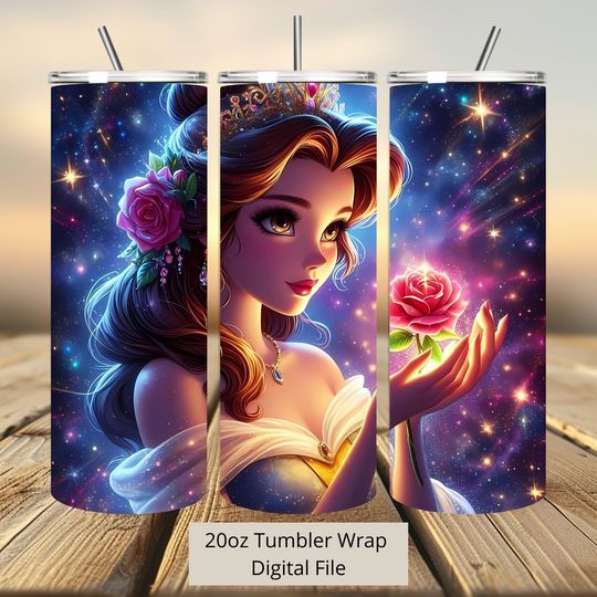3D Princess Belle Flower Tumbler Wrap, Princess Tumbler Wrap Sublimation Design  , 20oz Skinny Straight & Tapered Belle Tumbler Wrap