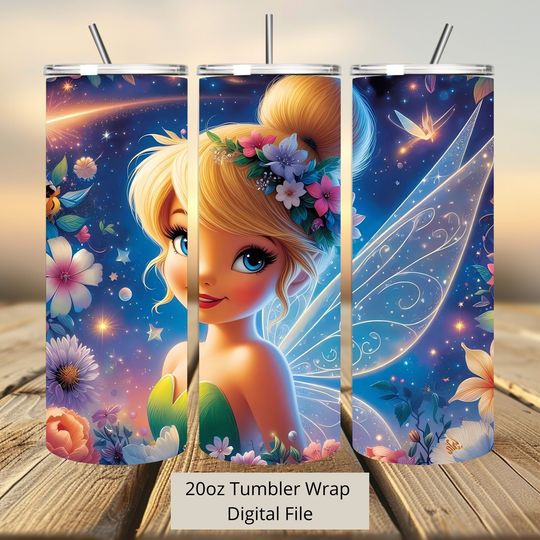 3D Cute Tinkerbell Tumbler Wrap, Princess Tumbler Wrap Sublimation Design  , 20oz Skinny Straight & Tapered Tinkerbell Tumbler Wrap