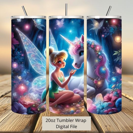 3D Tinkerbell and Unicorn Tumbler Wrap, Princess Tumbler Wrap Sublimation Design  , 20oz Skinny Straight & Tapered Unicorn Tumbler Wrap