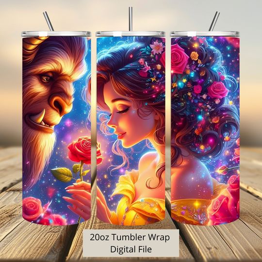 3D Belle and Beast Tumbler Wrap, Princess Tumbler Wrap Sublimation Design  , 20oz Skinny Straight & Tapered Belle Tumbler Wrap