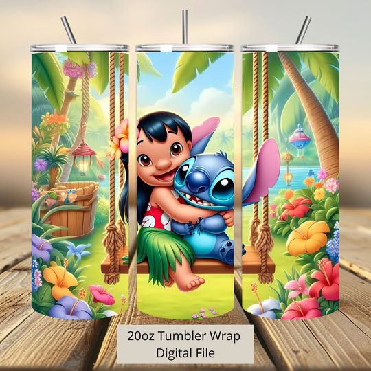 3D Lilo and Stitch Garden Tumbler Wrap, Stitch Angel Tumbler Wrap Sublimation Design  , 20oz Skinny Straight & Tapered Stitch Tumbler Wrap
