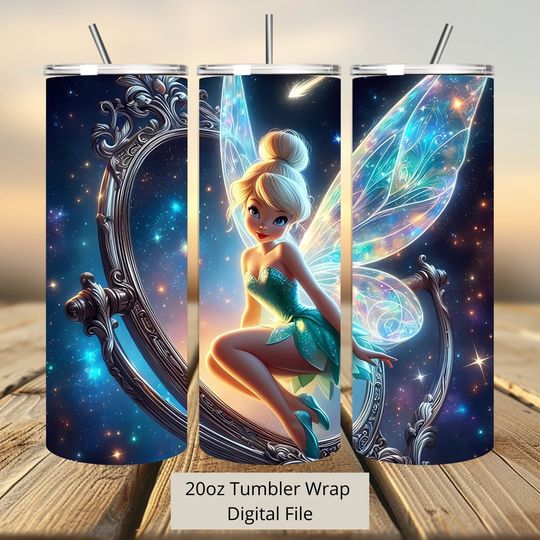3D Cute Tinkerbell Mirror Tumbler Wrap, Princess Tumbler Wrap Sublimation Design  , 20oz Skinny Straight & Tapered Fairy Tumbler Wrap