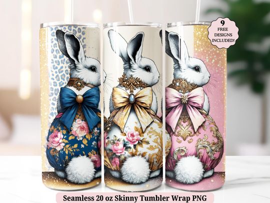 Cute Coquette Easter Bunny Tumbler Wrap  , Spring Flowers Grandmillenial Floral Seamless 20oz Skinny Sublimation Design