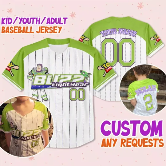 Custom Toy Story Buzz lightyear Green Standing Personalized Text Jersey Bassball