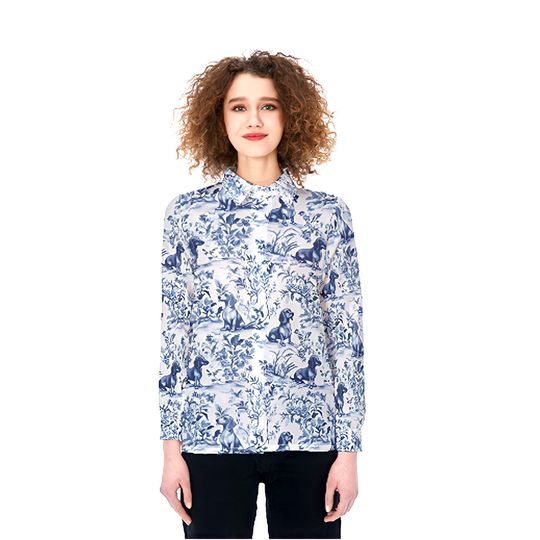 French Toile Dachshund Shirt, Cute Dachshund Floral Button Shirt, Dachshund Blue Toile Summer T-Shirt, Dachshund Lover Gifts