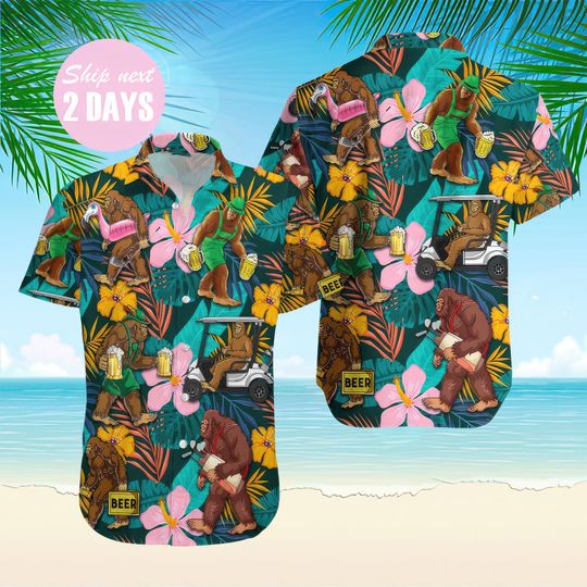 Golf And Beer Tropical Hawaiian Shirt, Bigfoot Playing Golf Button Up Shirt, Sasquatch Hawaii Shirt, Summer Aloha Shirt for Men and Women