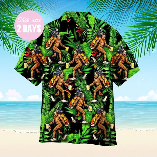 Bigfoot Love Golf And Beer Hawaiian Shirt, Bigfoot Button Up Shirt, Sasquatch Bigfoot Hawaii Shirt, Summer Aloha Shirt for Men and Women
