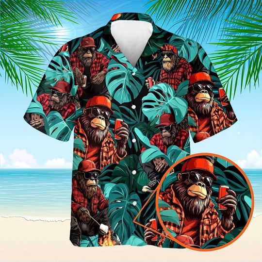 Bigfoot Tropical Green Palm Leaves Hawaiian Shirt, Bigfoot Button Up Shirt, Sasquatch Bigfoot Hawaii Shirt, Summer Aloha Shirt for Men Women