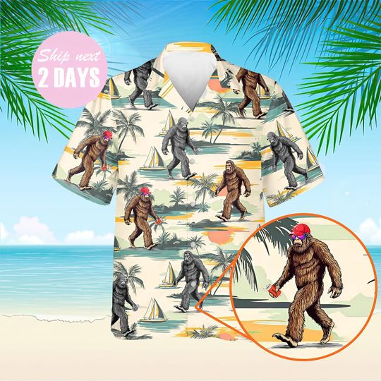 Bigfoot Sasquatch Tropical Discovery Journey Hawaiian Shirt, Bigfoot Button Up Hawaii Shirt, Sasquatch Bigfoot Aloha Shirt for Men & Women
